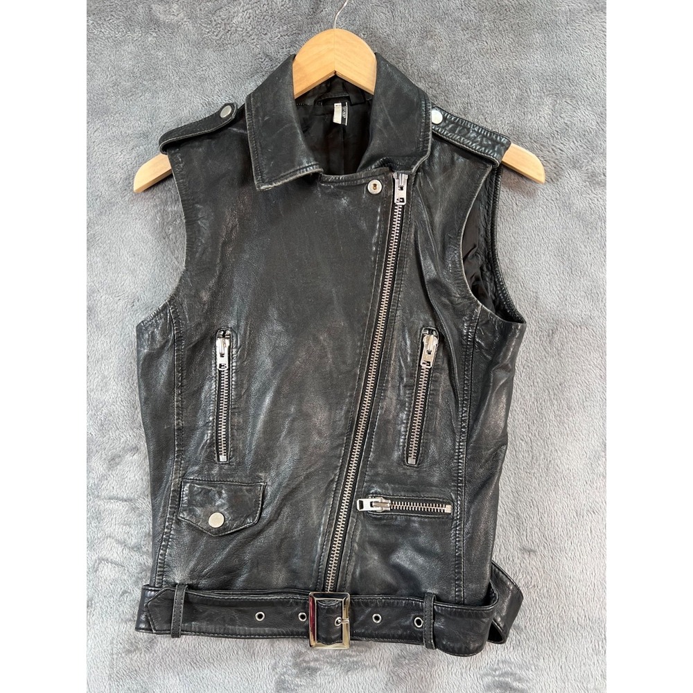 Topshop Genuine Leather Moto Vest Womens 6 Black Distressed Soft Zippers Buckle